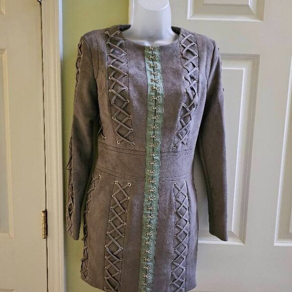 House of CB London Gray Suede Mini Tomasaa Lace-Up Dress Size Small - Picture 7 of 14